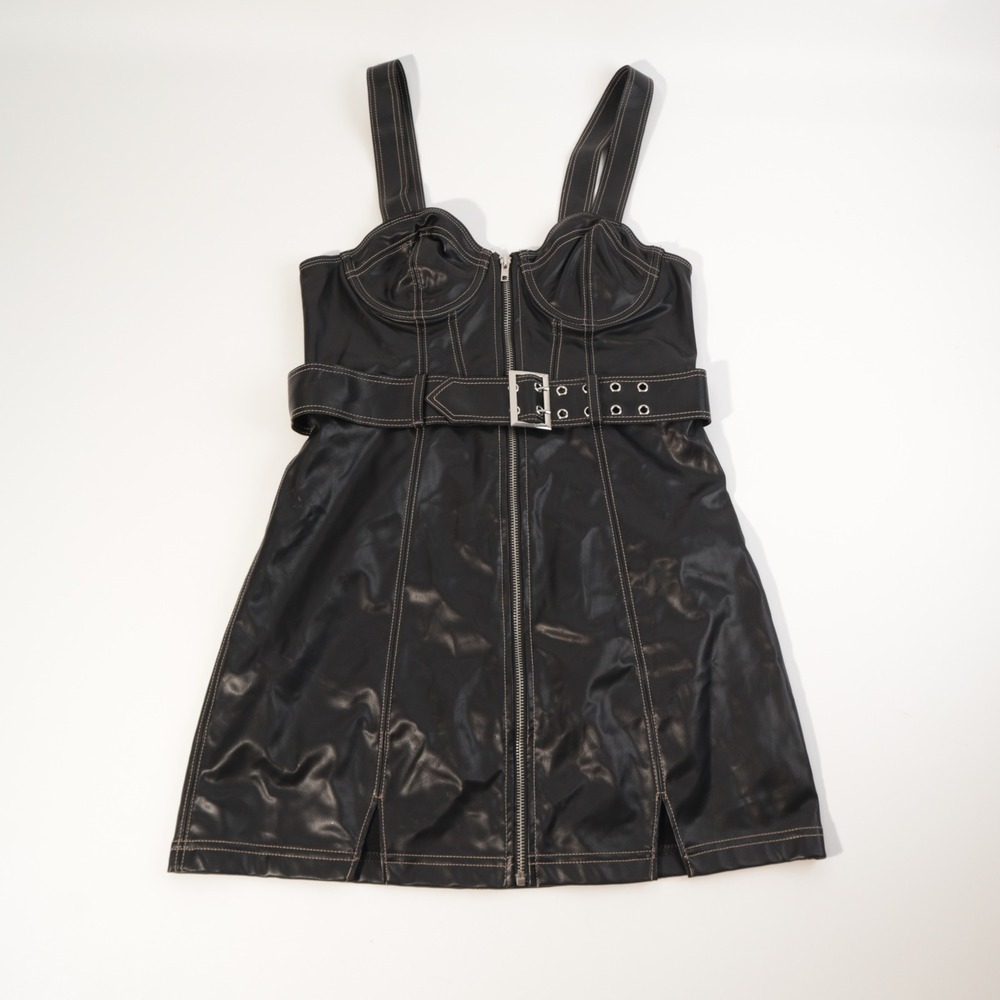 Urban Outfitters Black Faux Leather Belted Zip Front Mini Dress Large Stitching